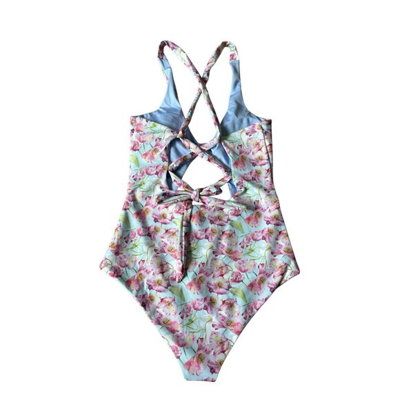 LINC One Piece Swimsuit size M Floral Cut Out Blue Pink - Picture 2 of 5